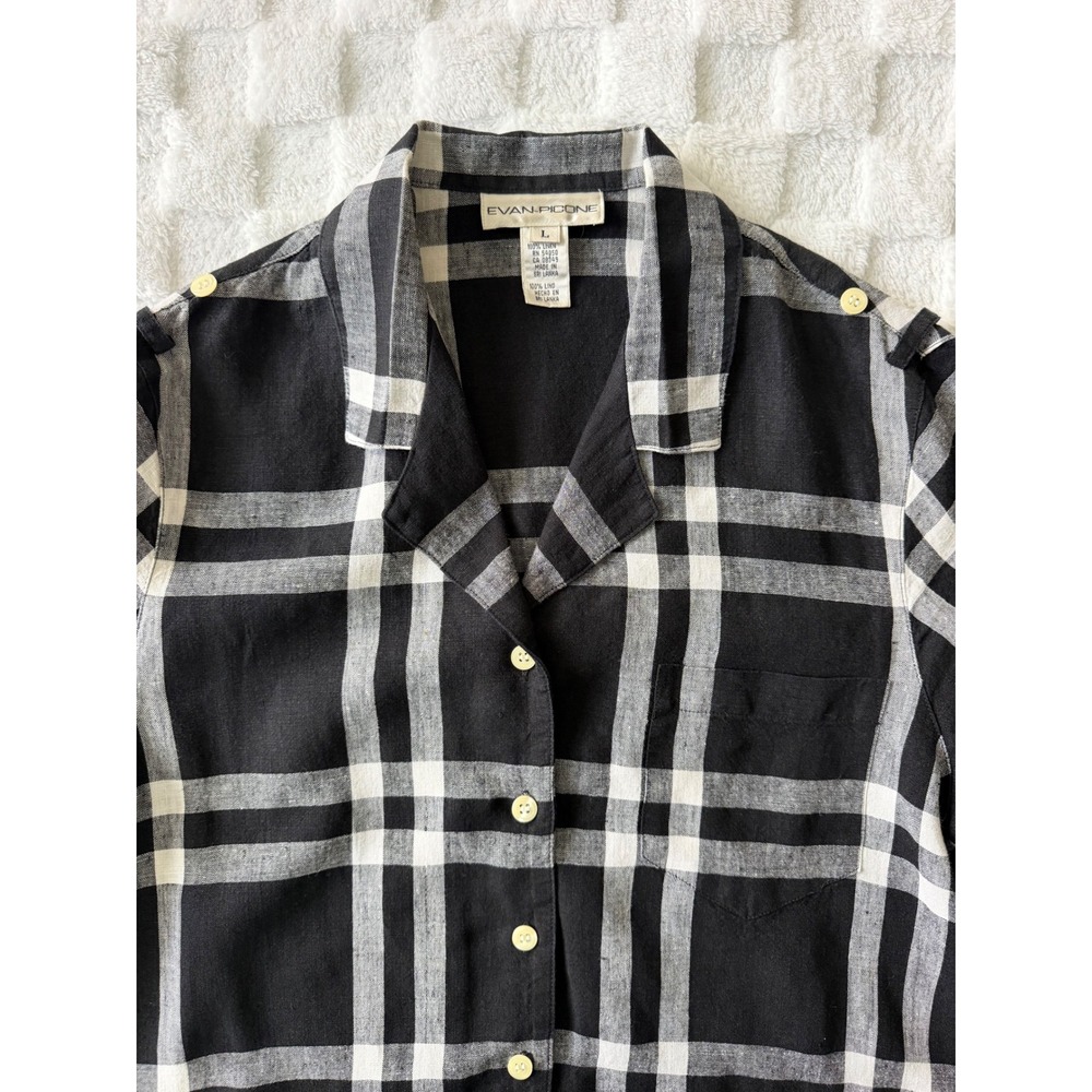 Evan-Picone 100% Linen Black White Plaid Short Sleeve Button Up Shirt Sz L EUC